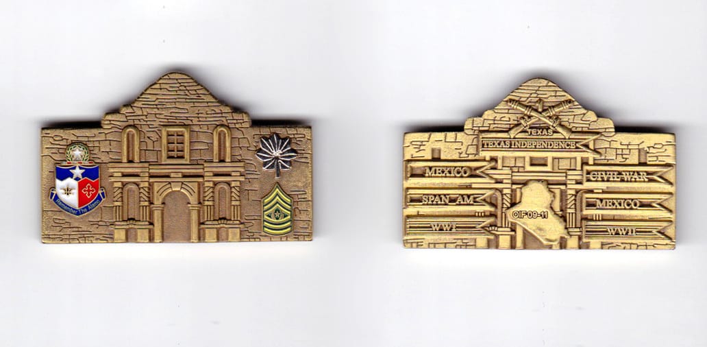 Alamo shaped, brass colored coin, 2 inches wide x  1-1/4 inches high.