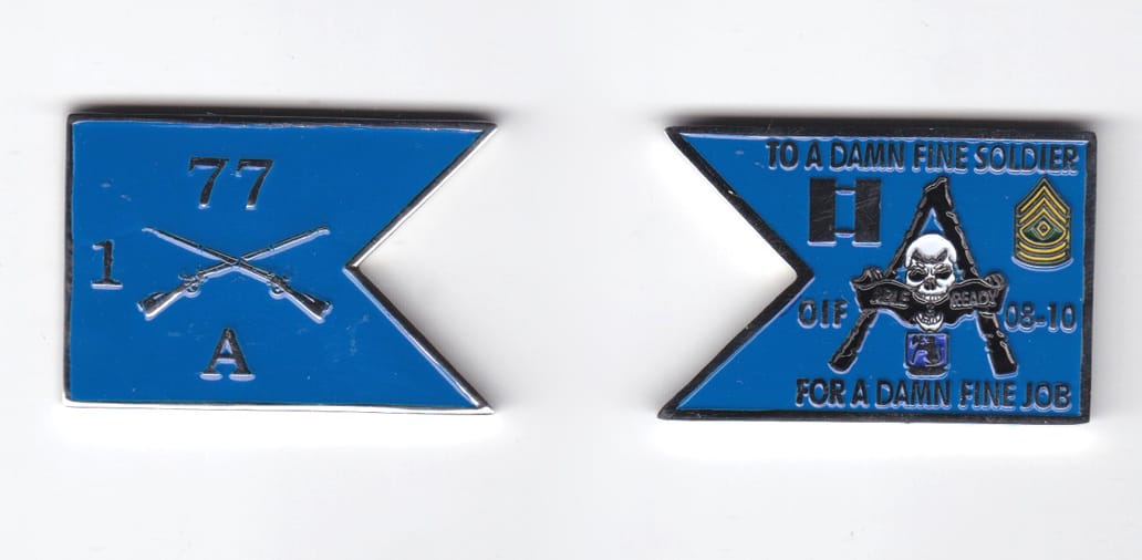 Guidon shaped, silver colored coin, 1-3/4 inches wide x  1-1/4 inches high.