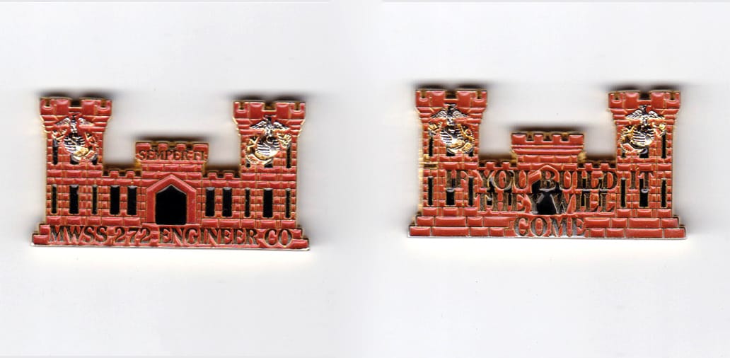 Engineer castle shaped, brass colored coin, 1-3/42 inches wide x  1-5/16 inches high.