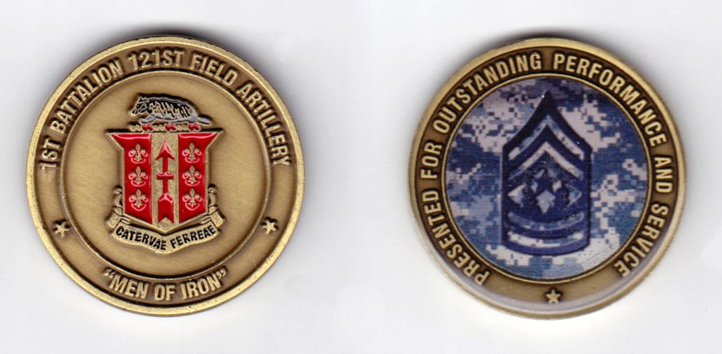 Round shaped, brass colored coin, 1-1/2 inches in diameter.