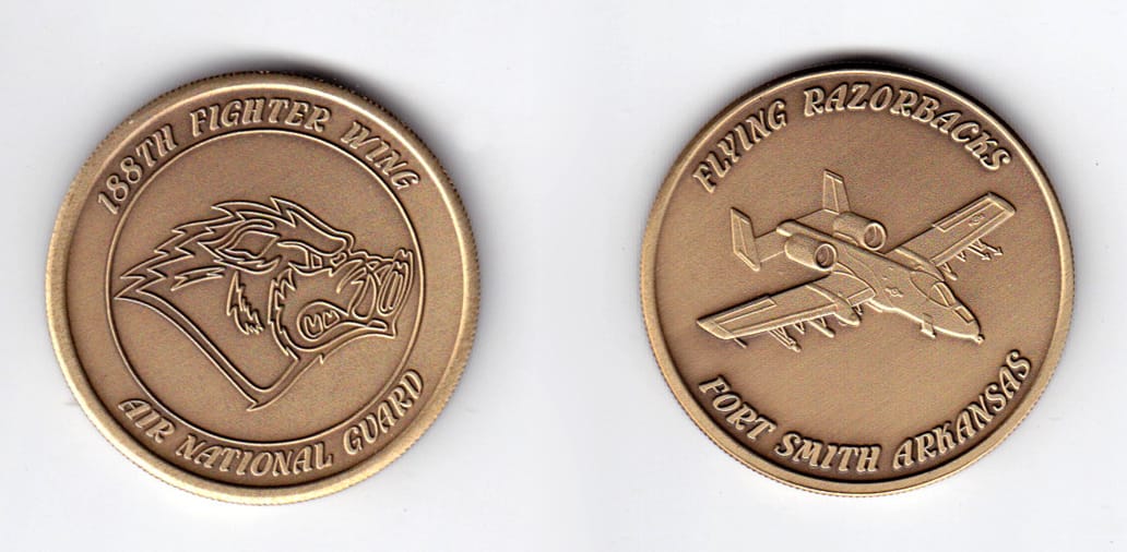 Round shaped, brass colored coin, 1-1/2 inches in diameter.