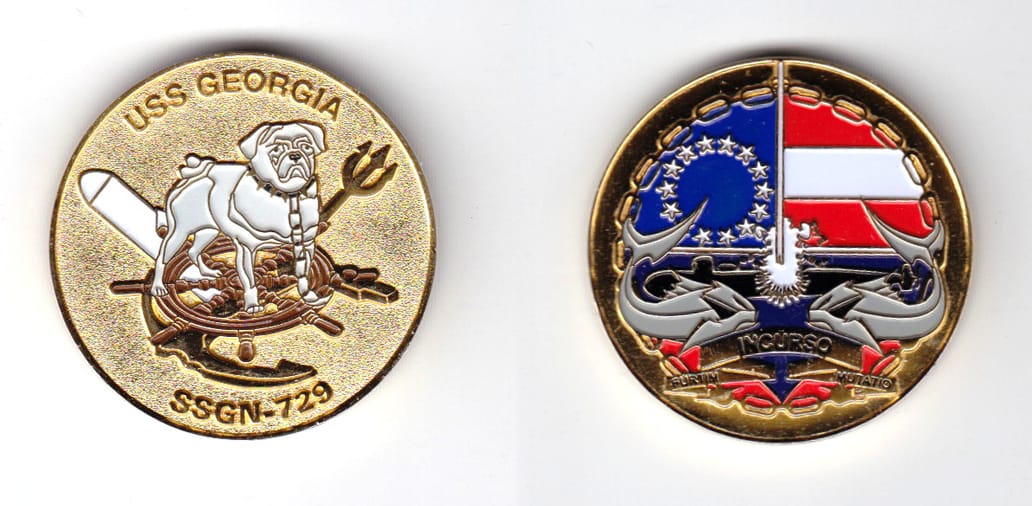 Round shaped, gold colored coin, 1-1/2 inches in diameter.