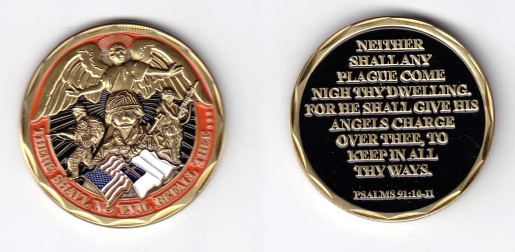 Round shaped, brass colored coin, 1-5/8 inches in diameter.