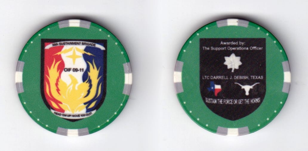 Round shaped, green colored poker chip, 1-1/2 inches in diameter.