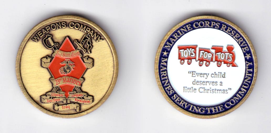 Round shaped, brass colored coin, 1-1/2 inches in diameter.