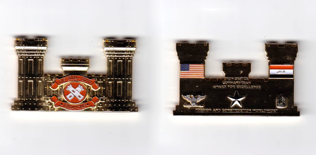 Engineer castle shaped, gold colored coin, 2-1/2 inches wide x  1-3/8 inches high.