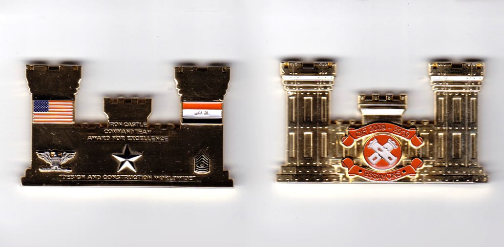 Engineer castle shaped, gold colored coin, 2-1/2 inches wide x  1-3/8 inches high.