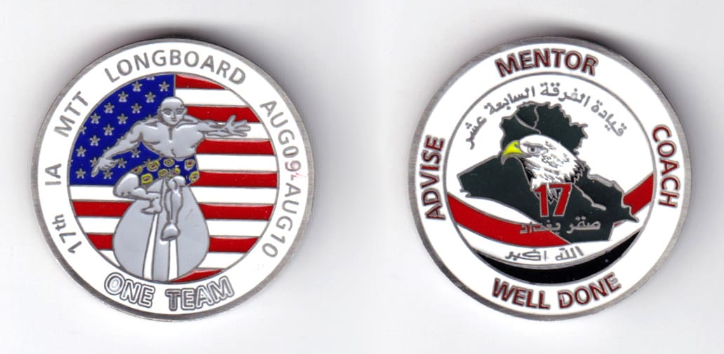 Round shaped, pewter colored coin, 1-1/2 inches in diameter.