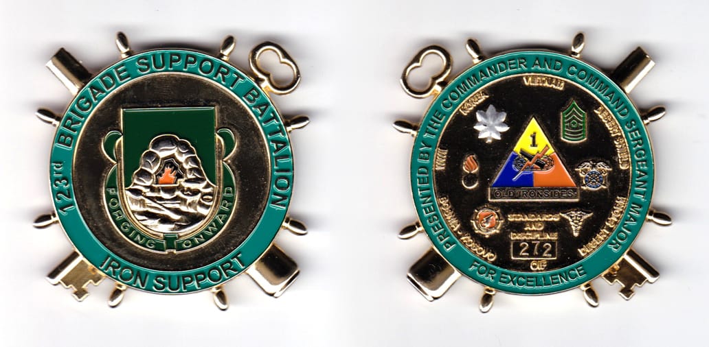 Round shapped with a ship's wheel spokes, key, and cannon  shaped, silver colored coin, 2-1/2 inches wide x  2-1/2 inche...