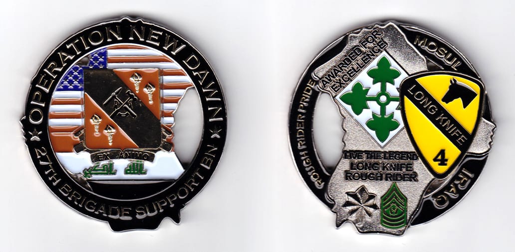 Round shaped, silver colored coin, 2-1/2 inches in diameter.