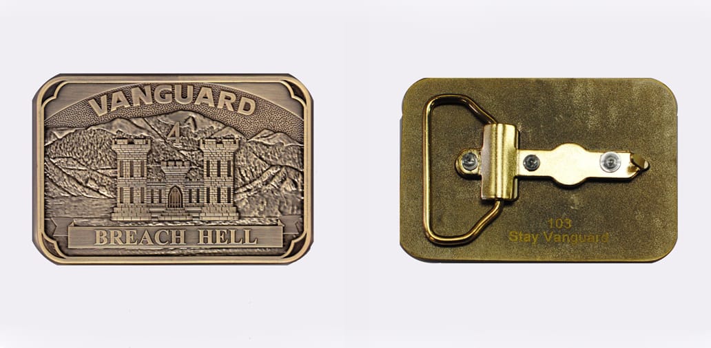 Retangular shaped, brass colored belt buckle, 3-1/2 inches wide x  2-1/2 inches high.