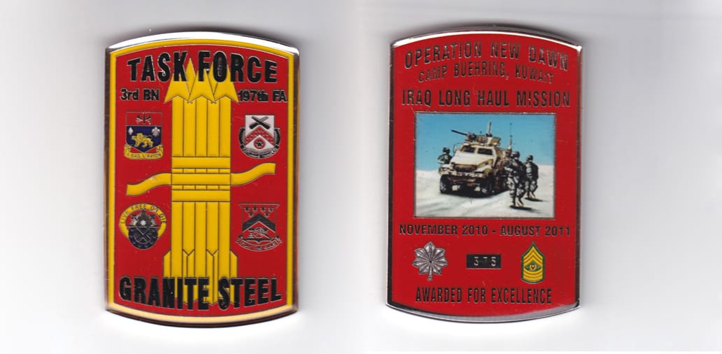 Retangular shaped with bowed top and bottom, gold colored coin, 2 inches wide x 3 inches high.