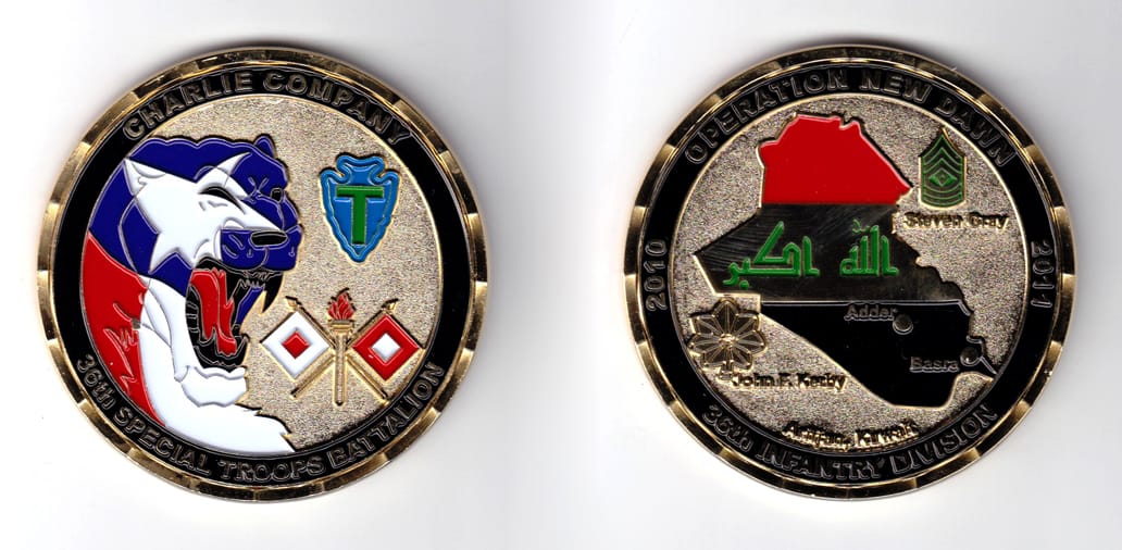 Round shaped, gold colored coin, 2-3/4 inches in diameter.