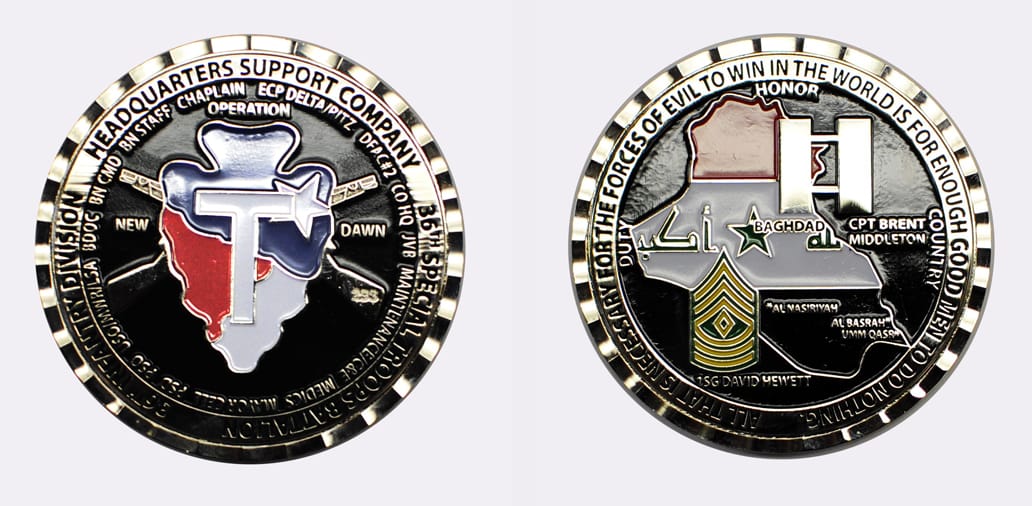 Round shaped, silver colored coin, 2-3/4 inches in diameter.