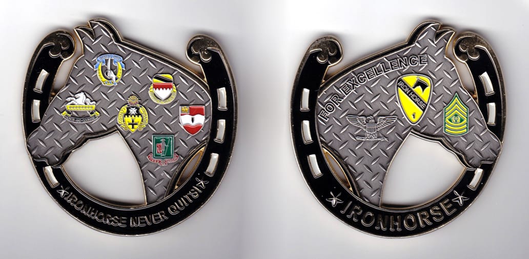 Horseshoe shaped with horses's head mounted in center, pewter colored coin, 3 inches wide x  3 inches high.