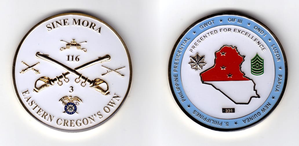 Round shaped, gold colored coin, 2-1/4 inches in diameter.