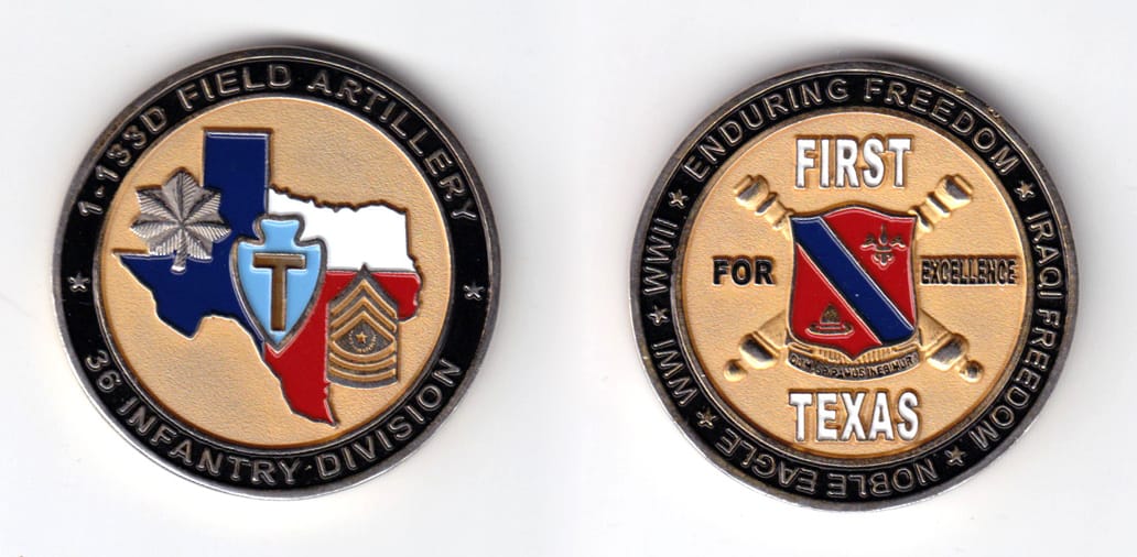 Round shaped, gold colored coin, 1-3/4 inches in diameter.