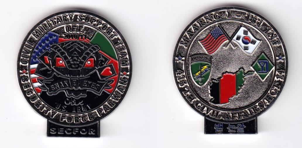 Round shaped with small retangular protrusion beneath, silver colored coin, 1-1/2 inches wide x 1-3/4 inches high.