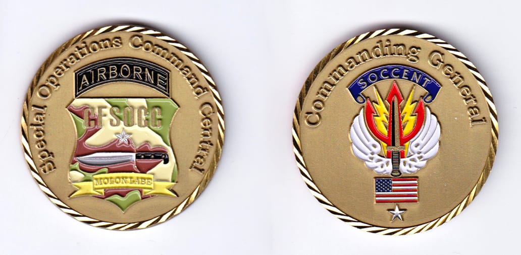 Round shaped, gold colored coin, 1-5/8 inches in diameter.