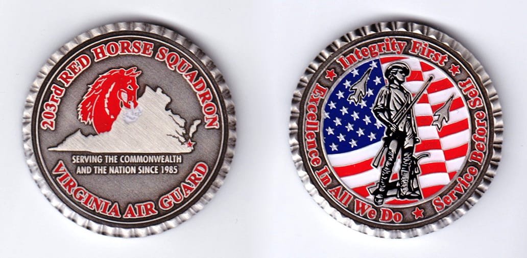 Round shaped, pewter colored coin, 1-3/4 inches in diameter.