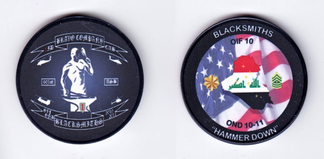 Round shaped, black colored poker chip, 1-5/8 inches in diameter.