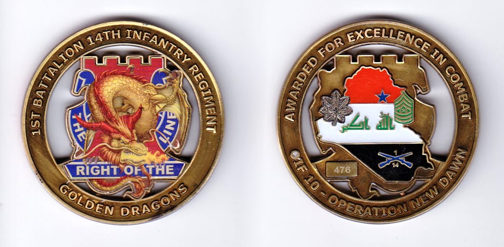 Round shaped, antique brass colored coin, 2 inches in diameter.