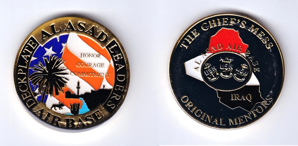 Round shaped, gold colored coin, 1-3/4 inches in diameter.