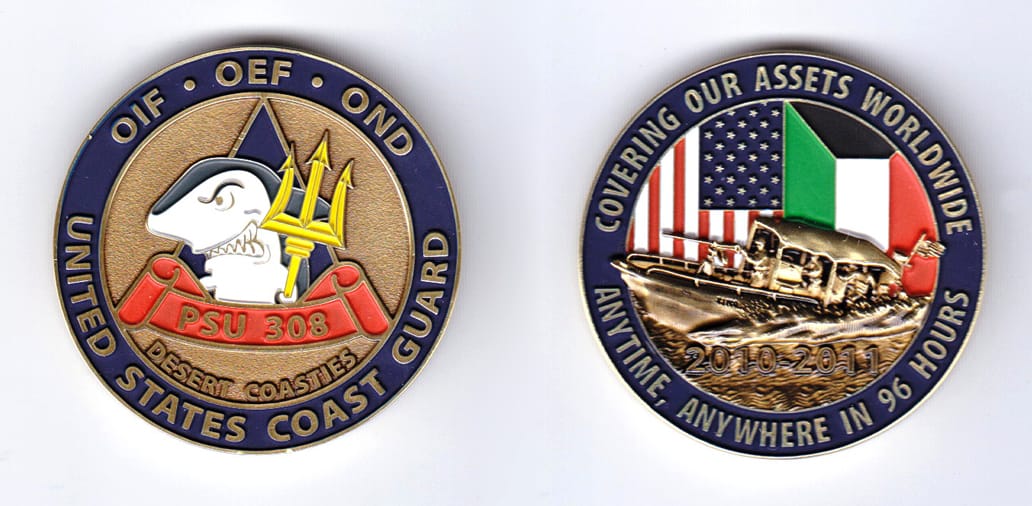 Round shaped, brass colored coin, 1-3/4 inches in diameter.