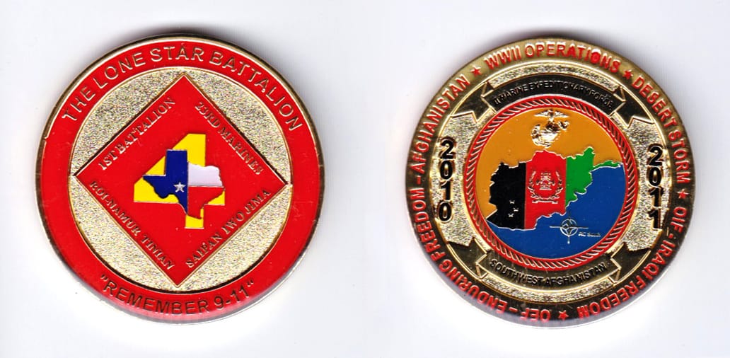 Round shaped, gold colored coin, 1-3/4 inches in diameter.