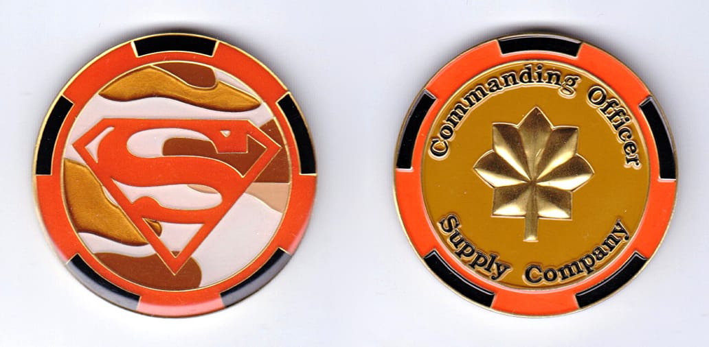 Round shaped, gold colored coin, 1-3/4 inches in diameter.