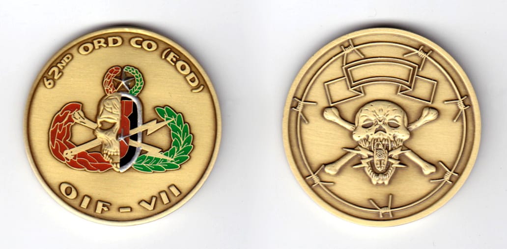 Round shaped, brass colored coin, 1-3/4 inches in diameter.