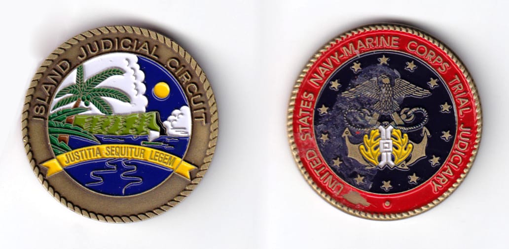 Round shaped, antique brass colored coin, 1-9/16 inches in diameter.