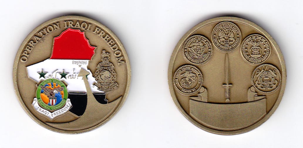 Round shaped, antique brass colored coin, 1-9/16 inches in diameter.