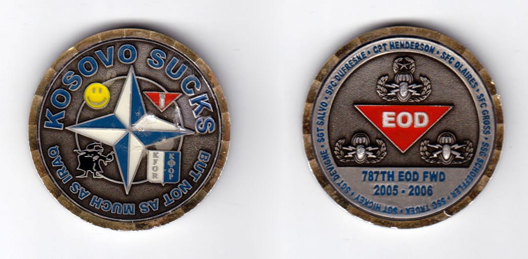 Round shaped, brass colored coin, 1-9/16 inches in diameter.