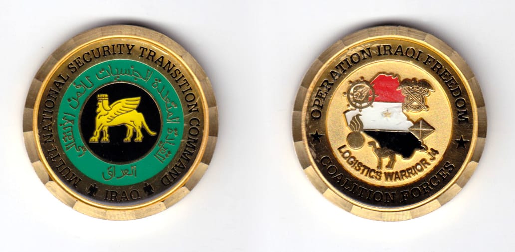 Round shaped, gold colored coin, 1-9/16 inches in diameter.