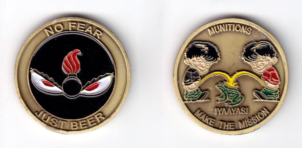 Round shaped, antique brass colored coin, 1-9/16 inches in diameter.