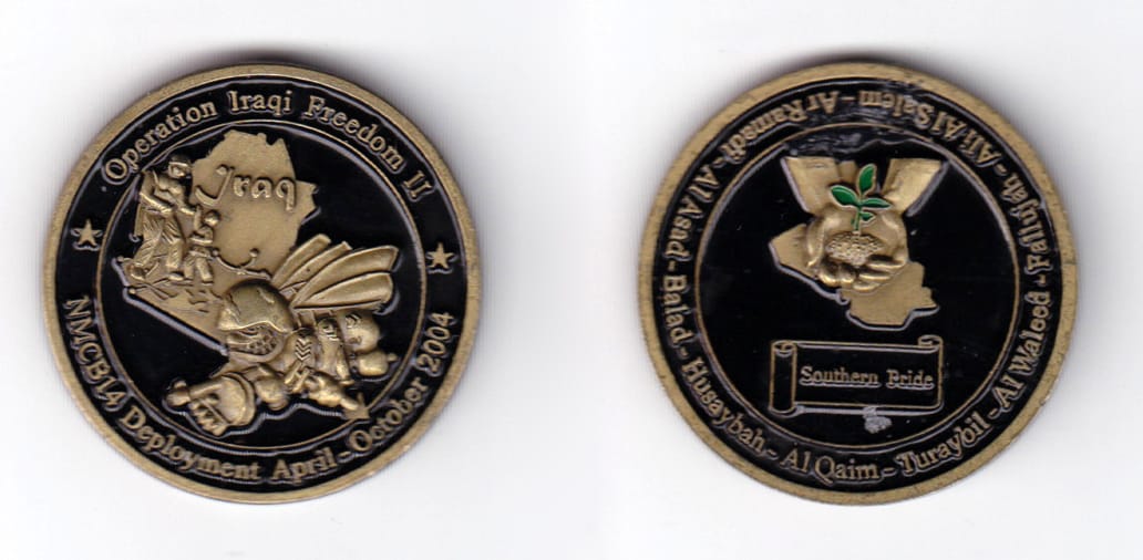 Round shaped, antique brass colored coin, 1-9/16 inches in diameter.