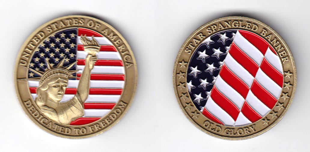 Round shaped, brass colored coin, 1-9/16 inches in diameter.