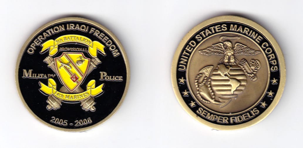 Round shaped, brass colored coin, 1-9/16 inches in diameter.