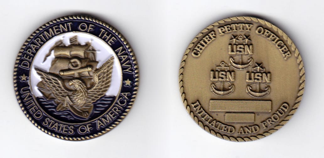 Round shaped, antique brass colored coin, 1-9/16 inches in diameter.