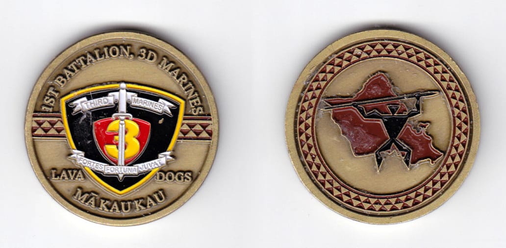 Round shaped, brass colored coin, 1-9/16 inches in diameter.