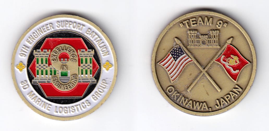 Round shaped, brass colored coin, 1-9/16 inches in diameter.