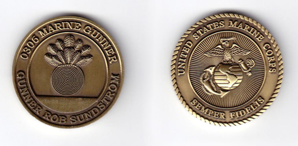 Round shaped, brass colored coin, 1-1/2 inches in diameter.