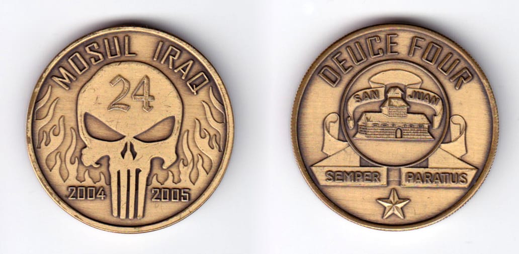 Round shaped, brass colored coin, 1-9/16 inches in diameter.