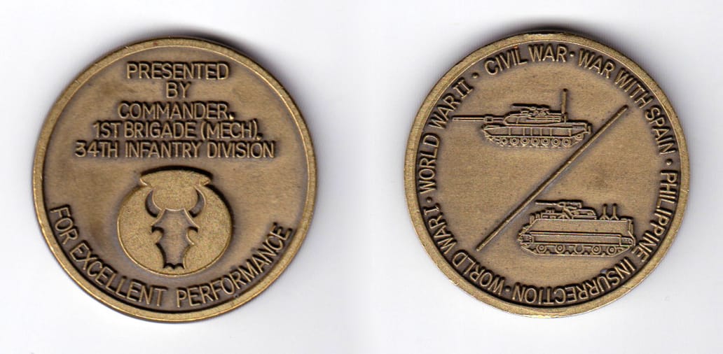 Round shaped, antique brass colored coin, 1-9/16 inches in diameter.