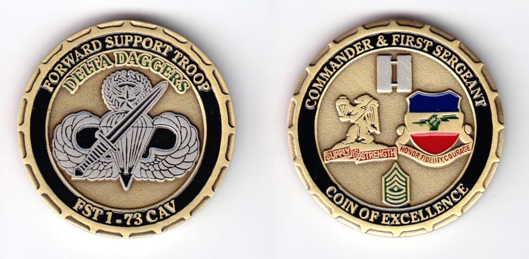 Round shaped, brass colored coin, 1-1/2 inches in diameter.