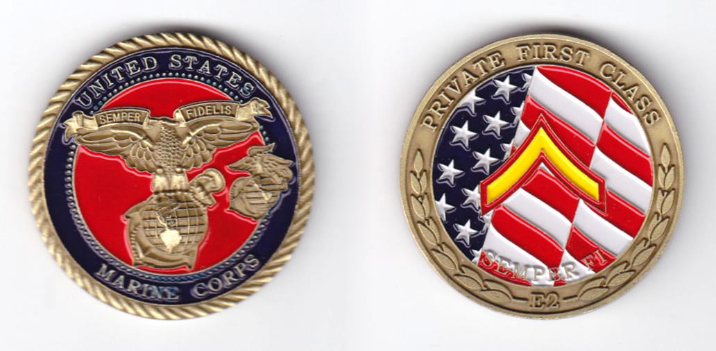 Round shaped, antique brass colored coin, 1-9/16 inches in diameter.