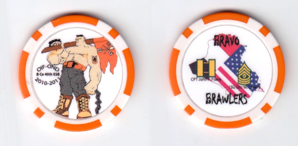 Round shaped, orange and white colored poker chip, 1-9/16 inches in diameter.