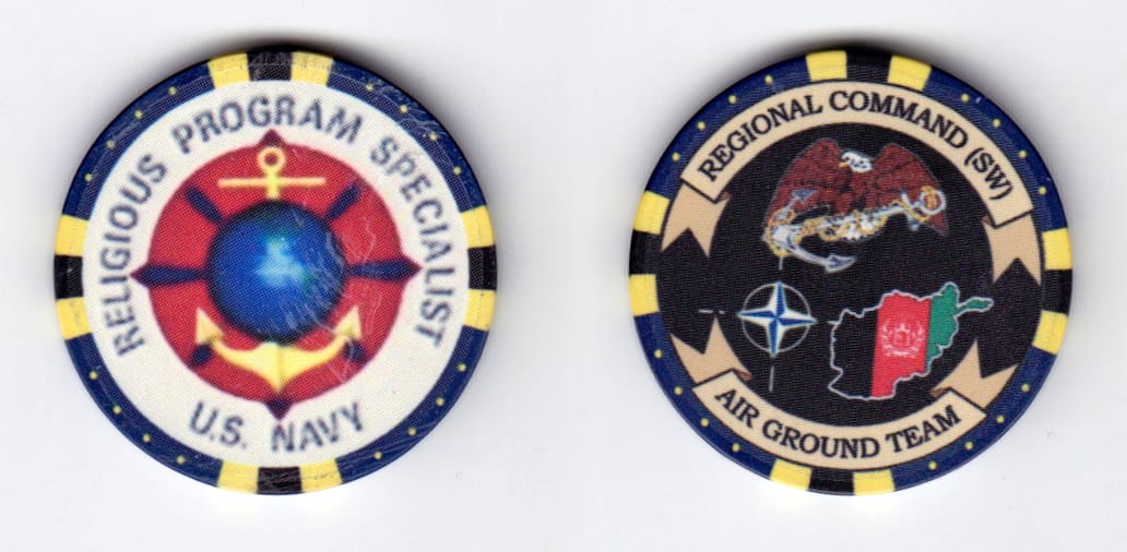 Round shaped, navy blue colored poker chip, 1-1/2 inches in diameter.