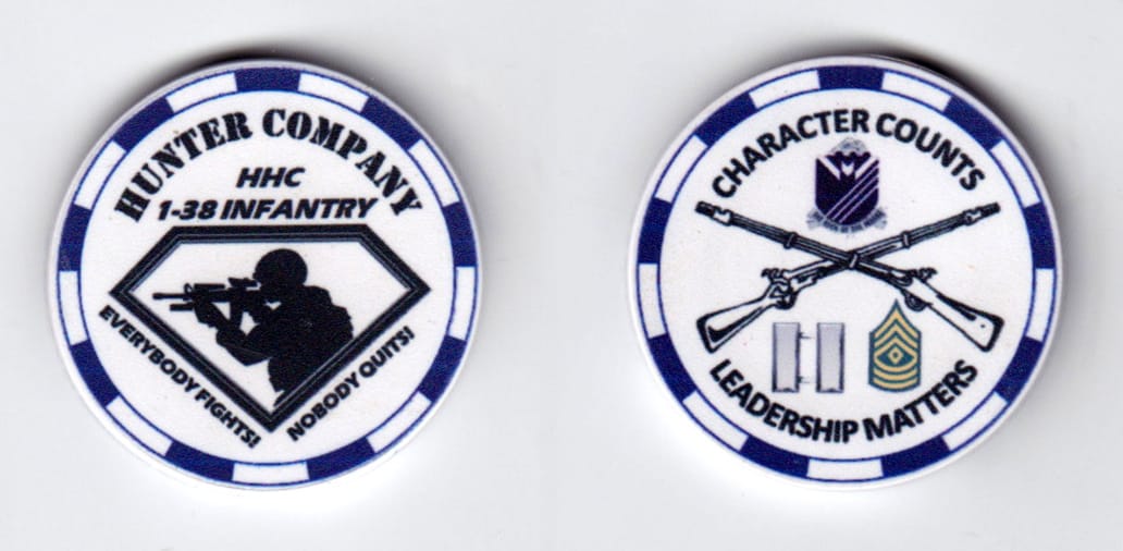 Round shaped, white colored poker chip, 1-1/2 inches in diameter.